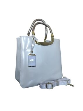 Elegant Glossy White Women's Tote Bag with Gold Accents NWT
